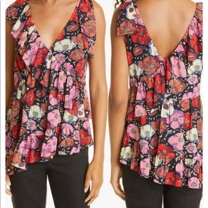 NWT CINQ À SEPT Naomi Floral Ruffle Asymmetric Satin Top S